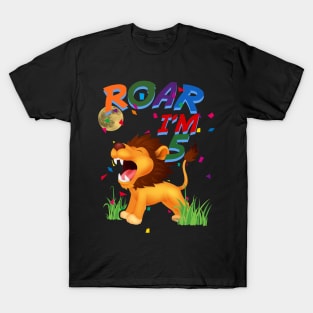 Kids 5th Birthday ROAR I'm 5 Year Old Shirt Boys Lion Safari Gift T-Shirt